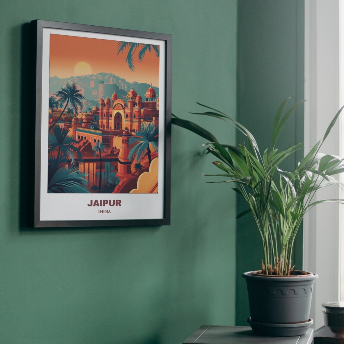 Jaipur Palace Sunset Palm Trees Golden Sky India Travel Poster - Image 3