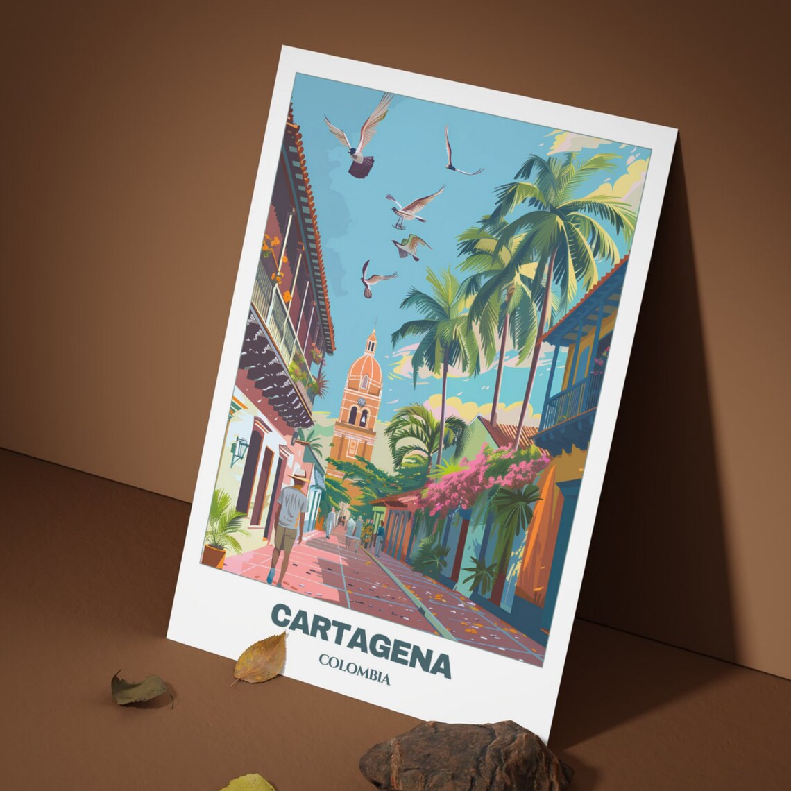 Cartagena Colombia Palm Street Church Tower Seagulls Travel Poster - Image 4