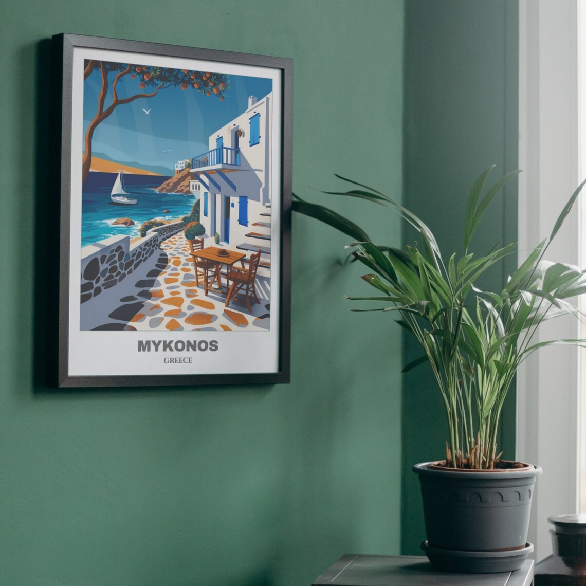 Mykonos Greece White Blue Houses Sailboat Harbor Travel Poster - Image 5