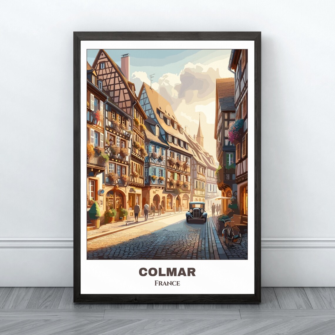 Colmar France Historic Old Town Street With Vintage Car Poster