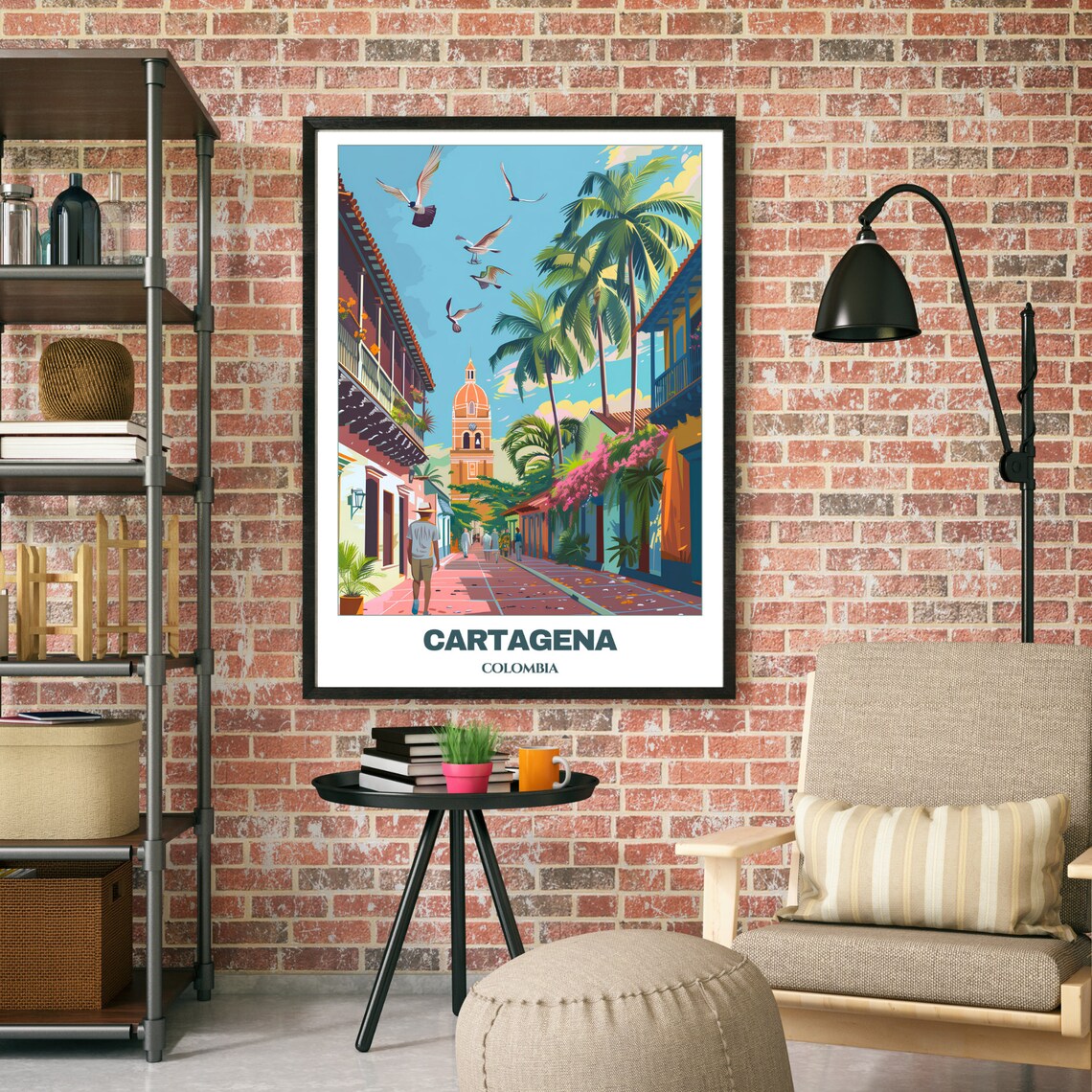 Cartagena Colombia Palm Street Church Tower Seagulls Travel Poster - Image 2