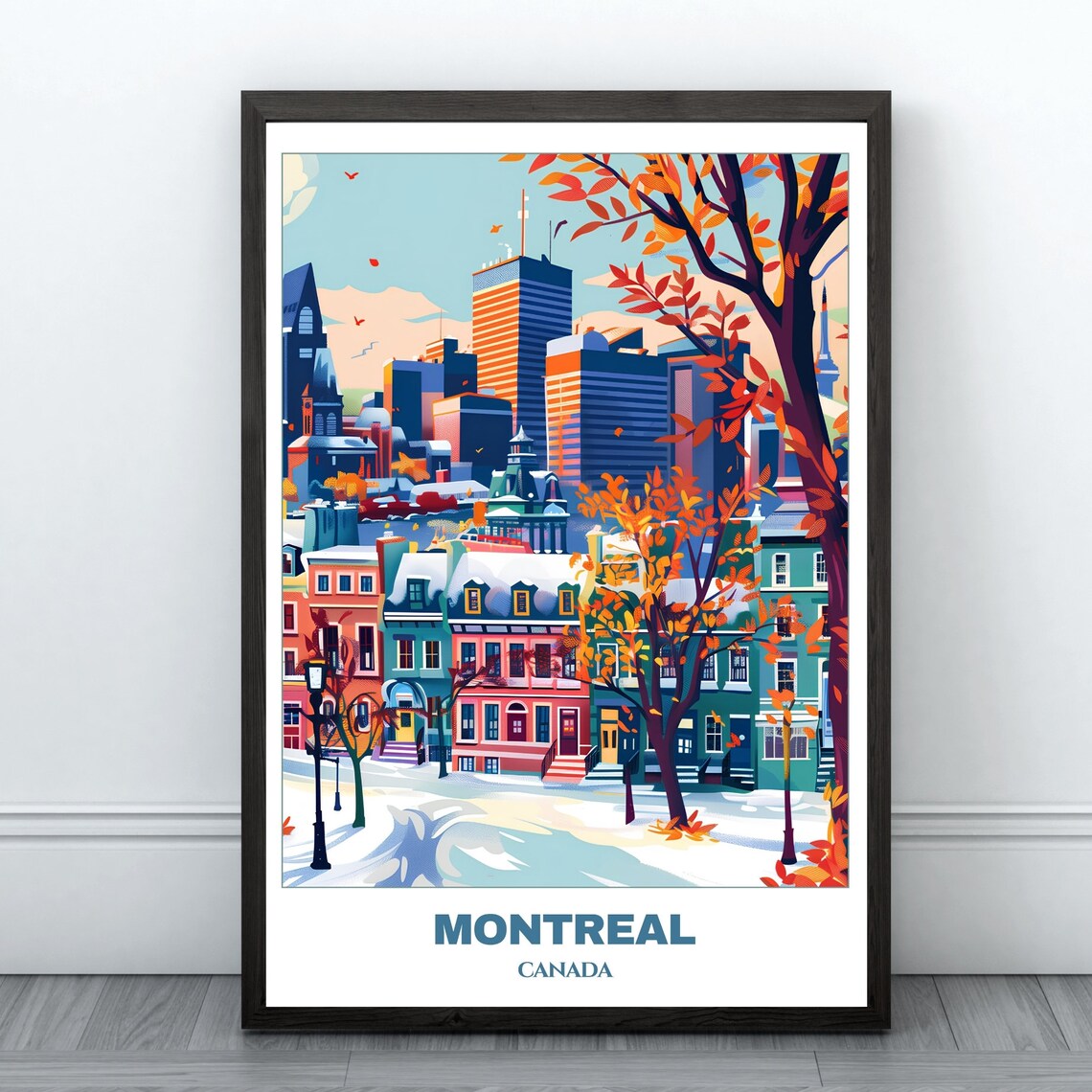 Montreal Canada Snowy Street Colorful Rowhouses Winter City Poster