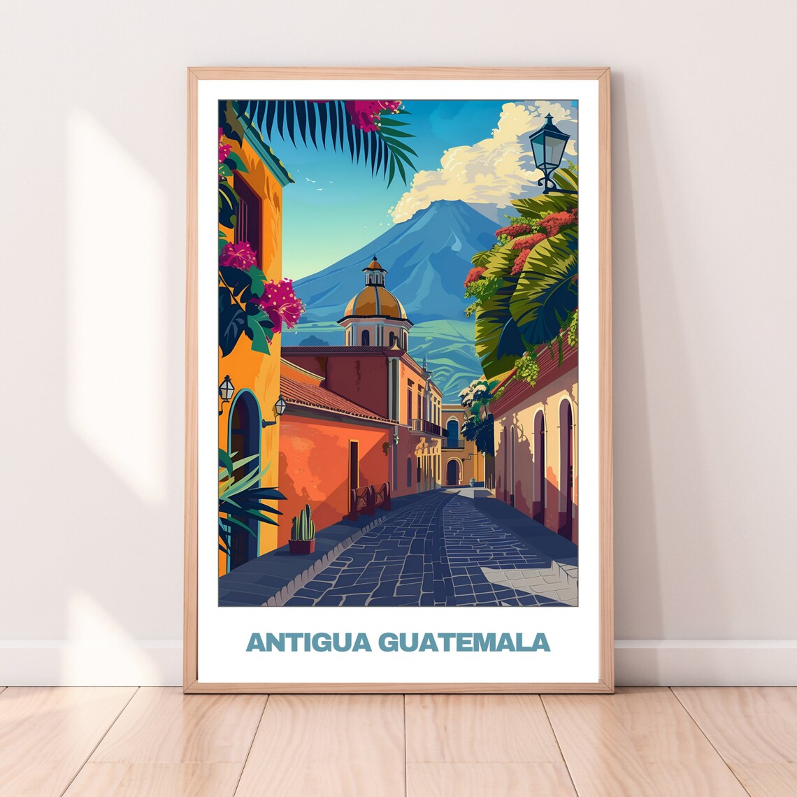 Antigua Guatemala Colonial Street Volcano Bougainvillea View Poster - Image 3