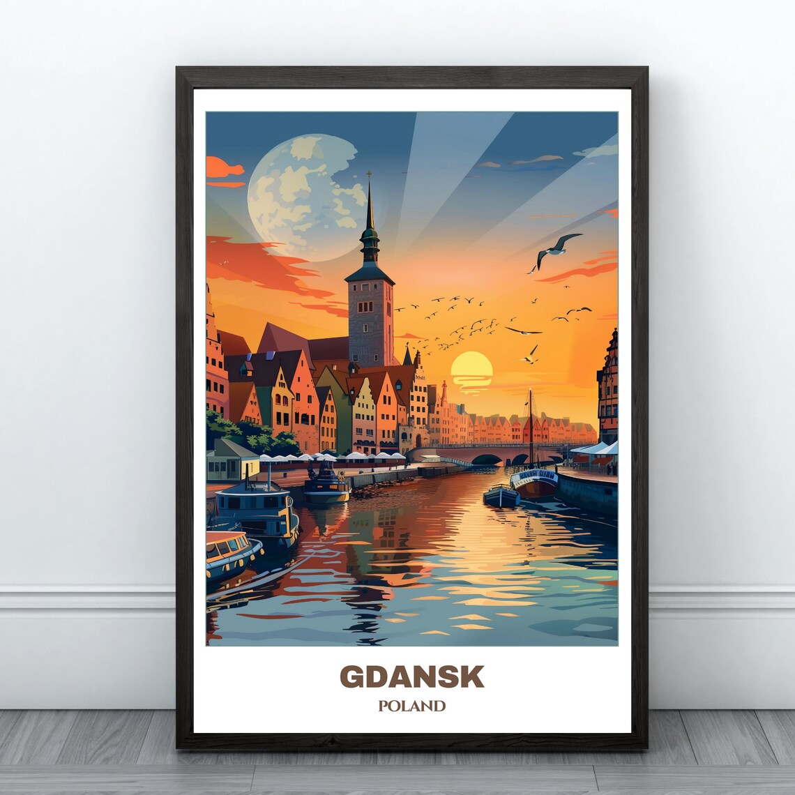 Gdansk Sunset Harbor Moonlit Waterfront Old Town Boats Poster