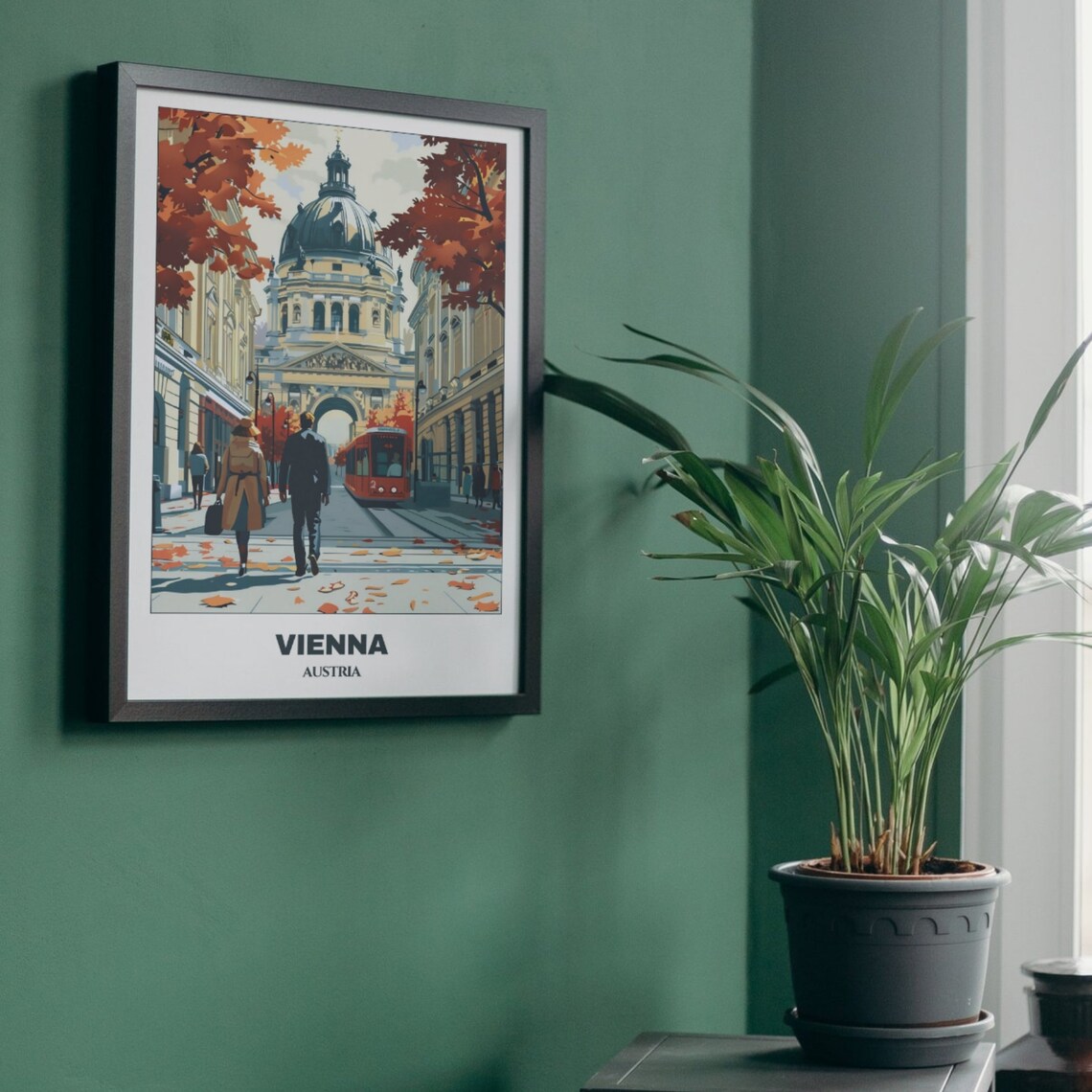 Vienna Austria Autumn Stroll Couple Red Tram Church Dome Poster - Image 5