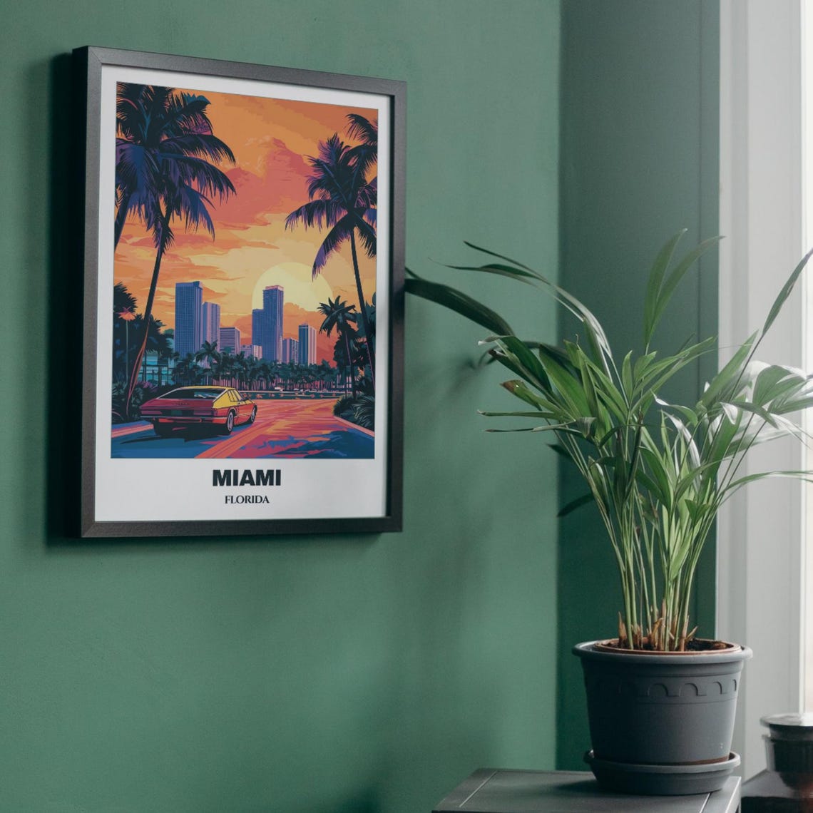 Miami Retro Sunset Classic Car Palm Trees Downtown Skyline Poster - Image 5