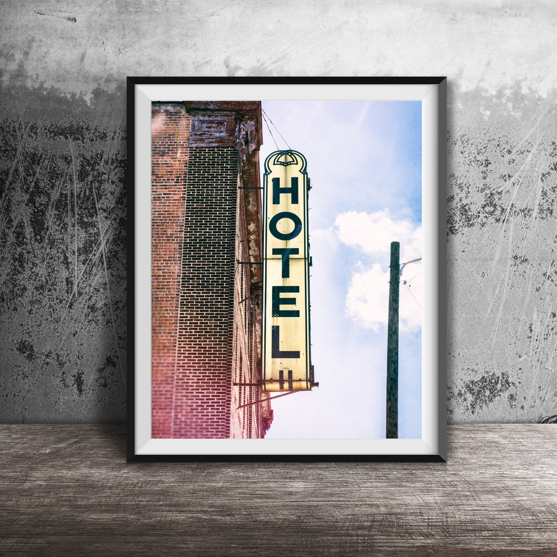 Vintage Hotel Vertical Blade Neon Sign Brick Wall Photo Poster