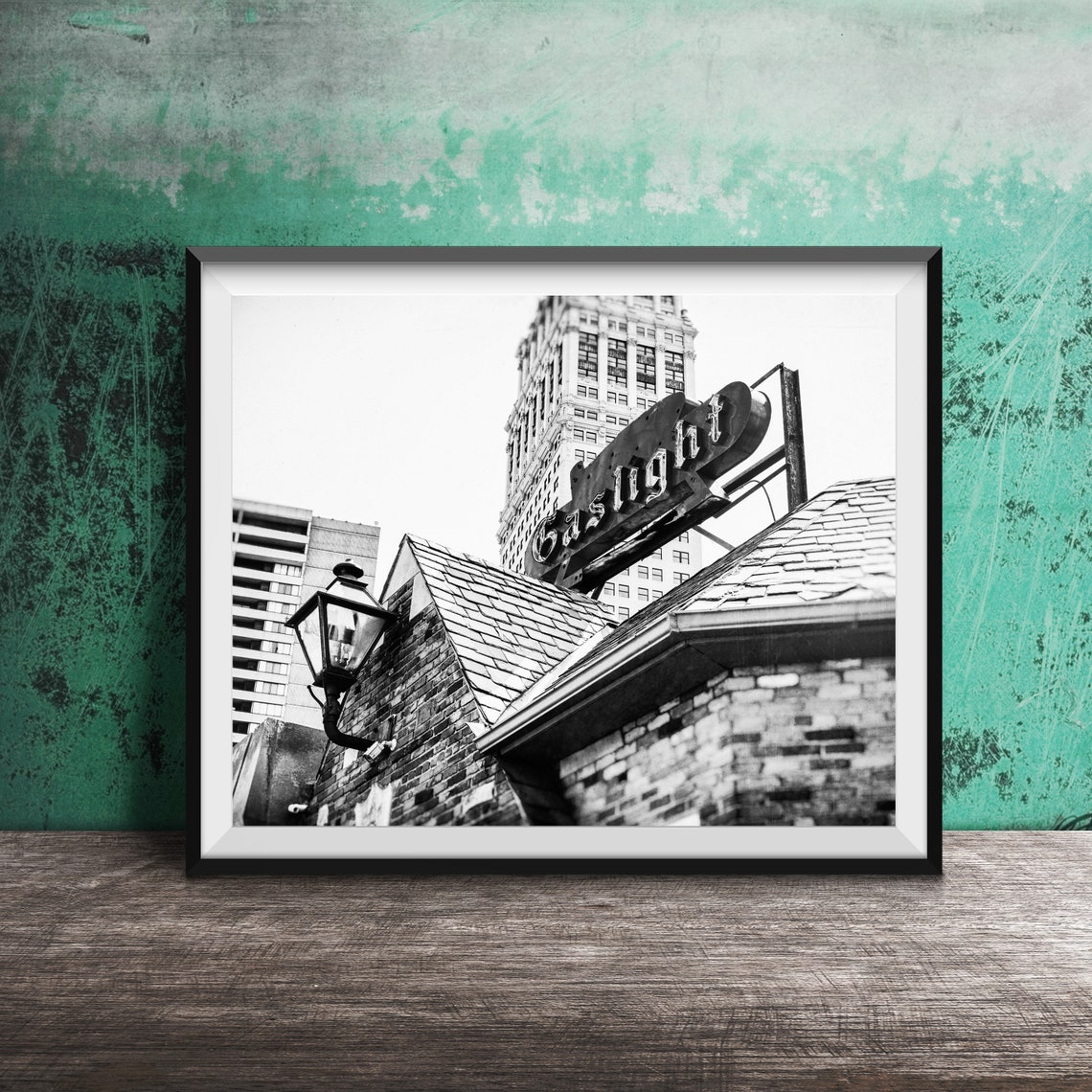 Gaslight Red Neon Rooftop Sign Brick Building Photography Poster - Image 2