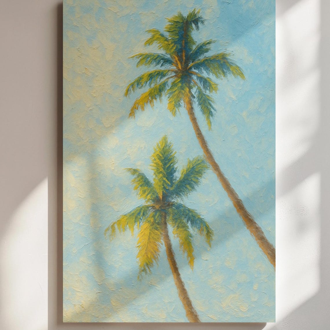 Twin Palm Trees Pastel Blue Sky Painterly Tropical Coastal Art Poster