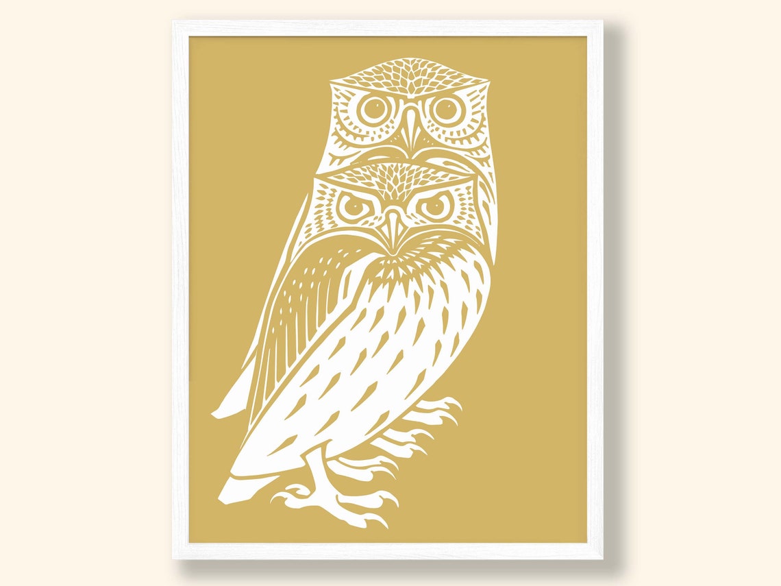 Owl Line Drawing White on Mustard Gold Modern Animal Wall Art