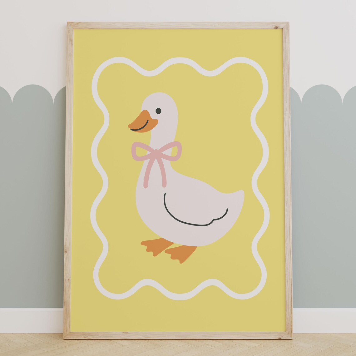 Butter Yellow Goose With Pink Bow Cute Kids Nursery Wall Art