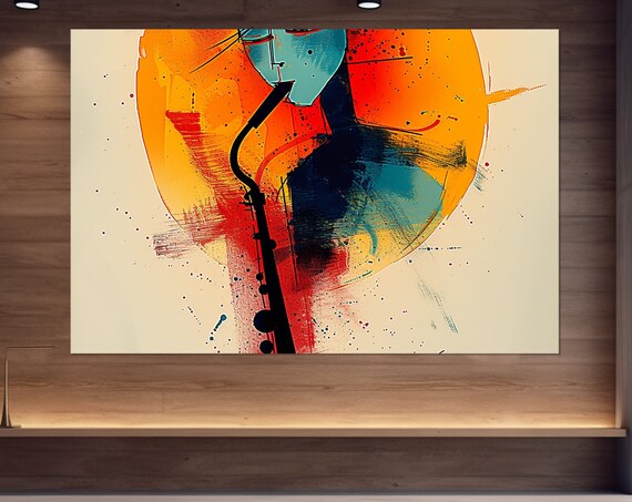 Abstract Saxophone Orange Red Sun Expressionist Splash Jazz Music Wall Art Poster