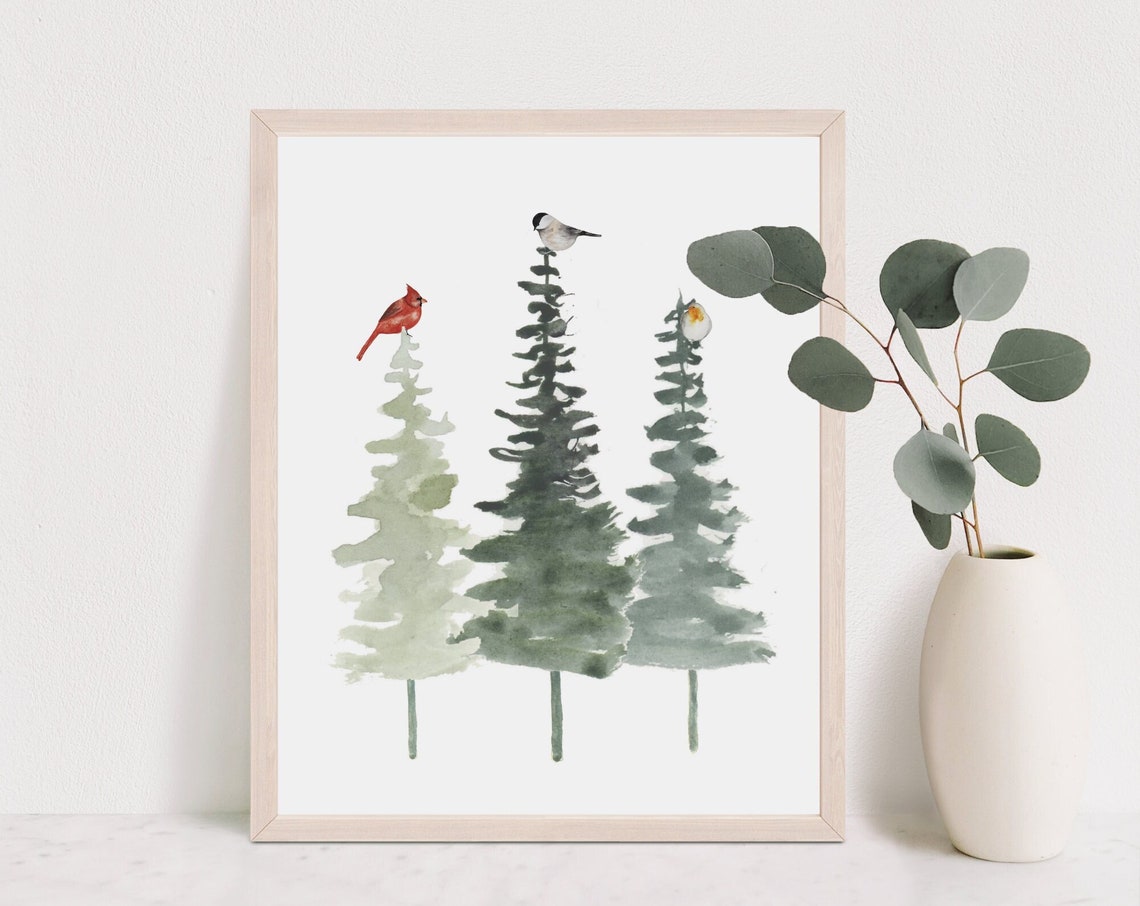 Watercolor Pine Trees with Birds Minimalist Evergreen Wall Art