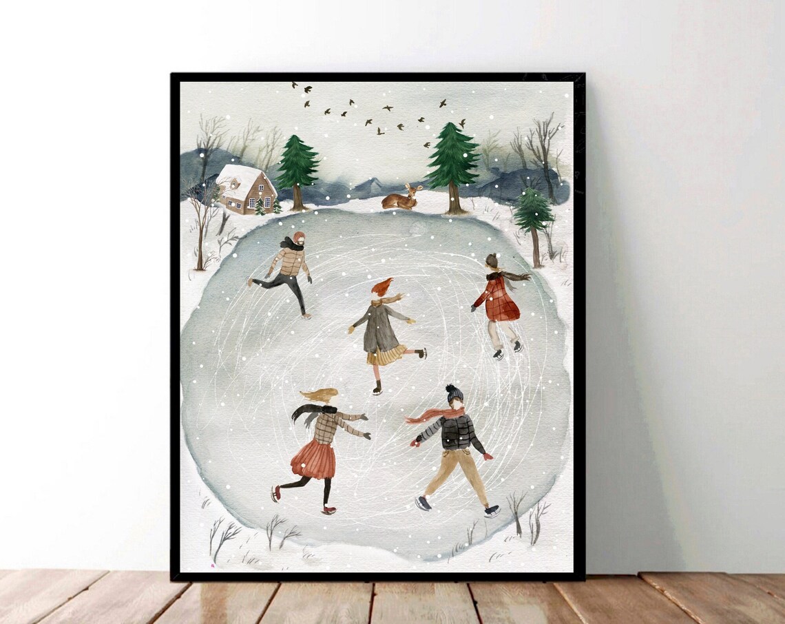 Winter Ice Skating Friends Watercolor Rustic Holiday Scene Poster