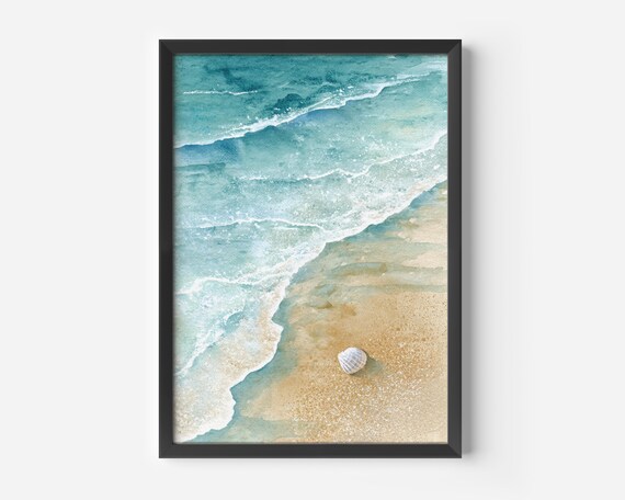 Turquoise Watercolor Beach Shoreline With Seashell Minimalist Poster