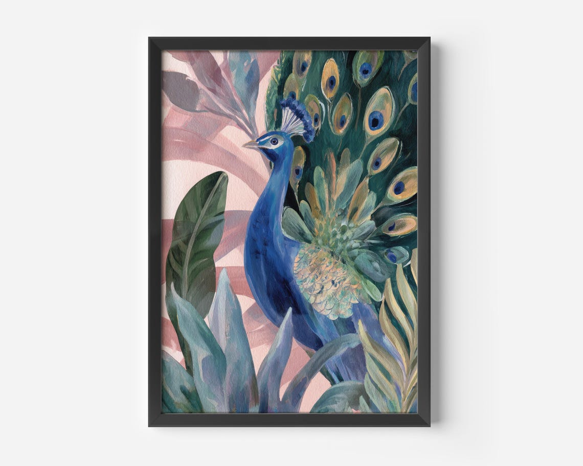 Blue Peacock Full Tail Feathers Tropical Leaves Botanical Art Poster