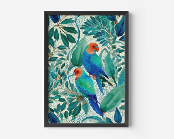 Exotic Wall Art For The Living Room Tropical Watercolor Birds Colorful Bluegreen Illustration Of Leaves Botanical Artwork Hallway Entrance And Office