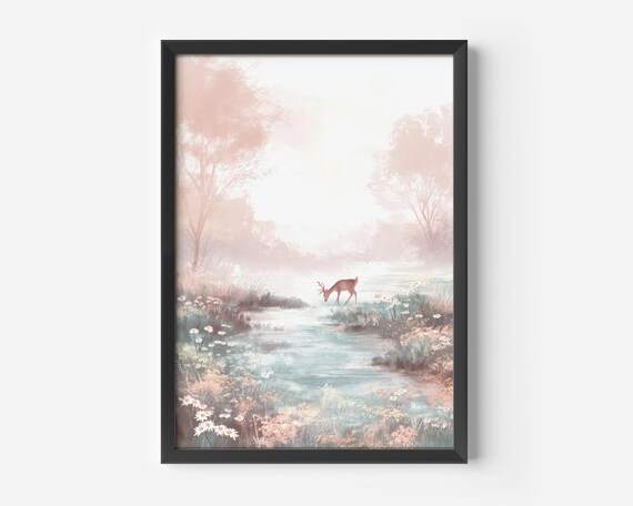 Nature Poster For The Bedroom Watercolor Deer Landscape Pastel Forest Color Scheme Soft Wall Art Living Room Or Office