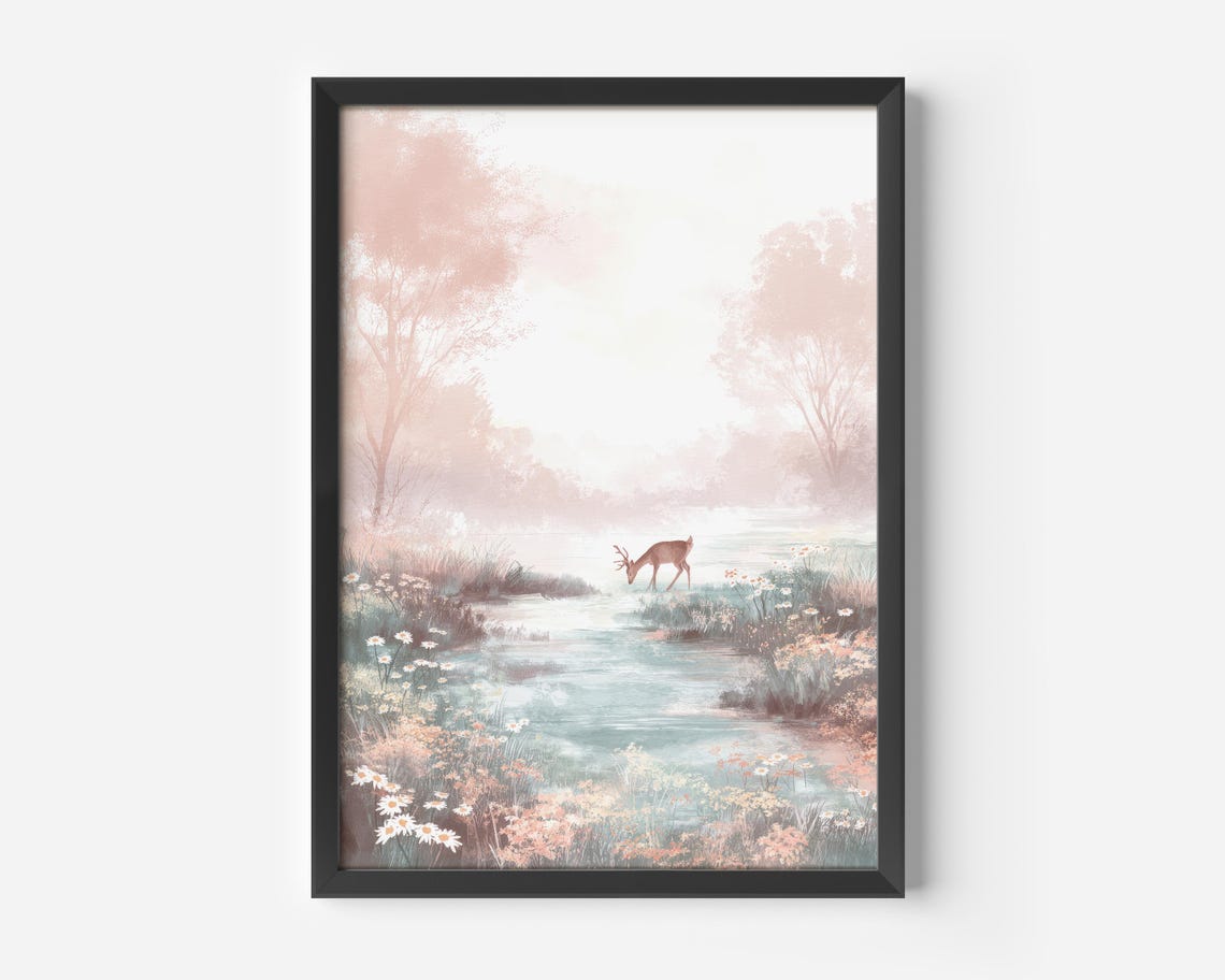 Deer Drinking at a Misty Pastel Forest Stream Watercolor Poster
