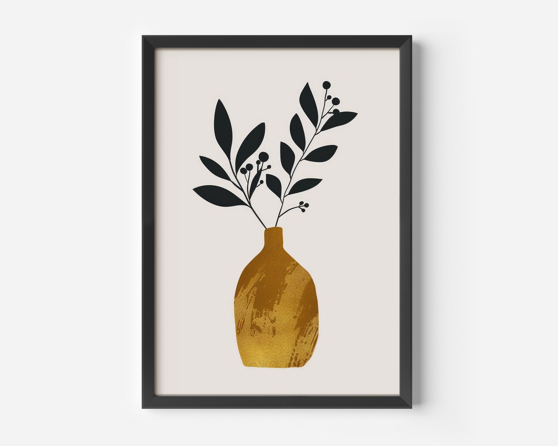 Black Leaf Sprigs in Ochre Vase Minimalist Botanical Art Poster