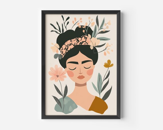Boho Style Living Room Wall Art Abstract Woman Illustration Pastel Floral Motif Minimalist Hallway Bedroom