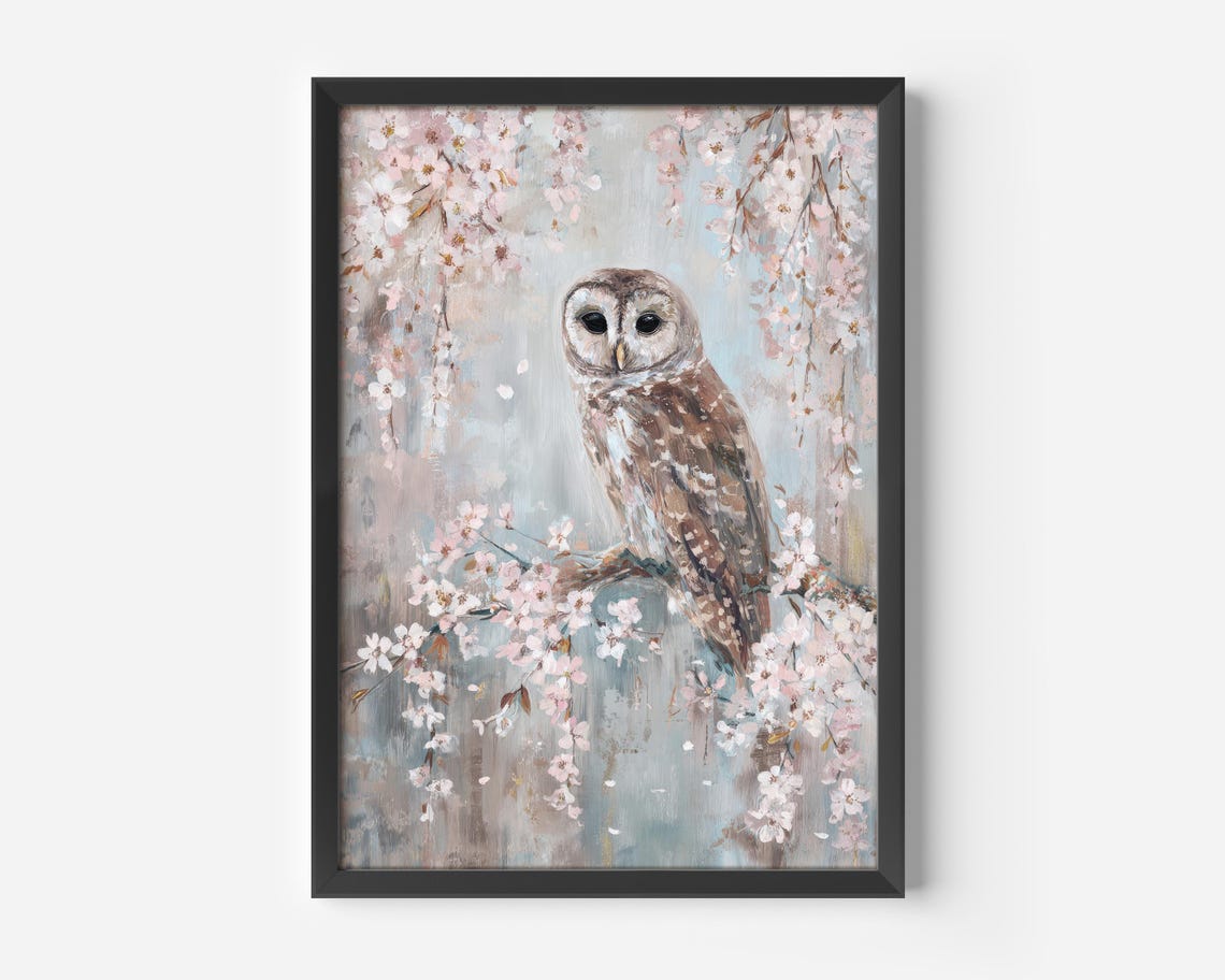 Owl on Blossom Branch Watercolor Pink Spring Floral Nature Poster