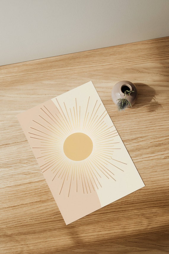 Minimalist Living Room Decor Sun Design Boho Poster Warm Beige Abstract Illustration Retro Modern Wall Art Office Childrens