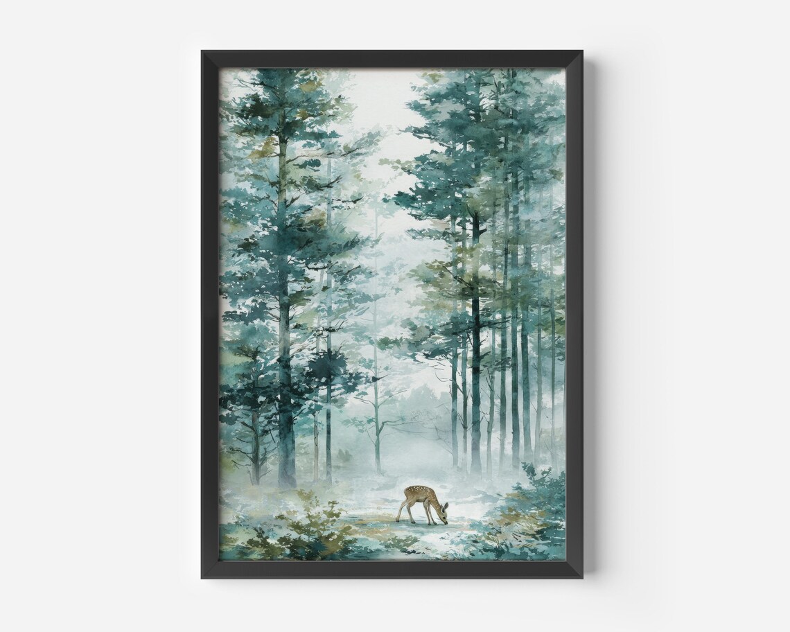Misty Pine Forest Deer Watercolor Scandinavian Woodland Print