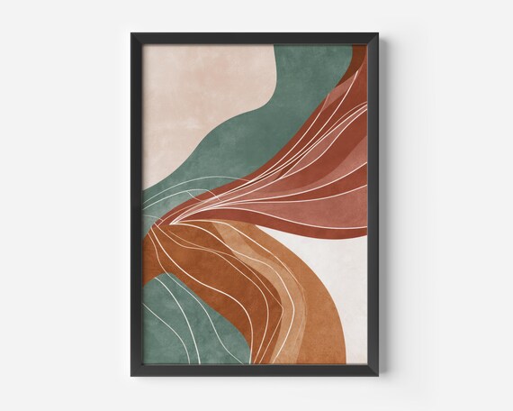Modern Living Room Wall Art Abstract Boho Design Green Orange Beige Waves Poster Scandinavian Decoration Print Office Pictures