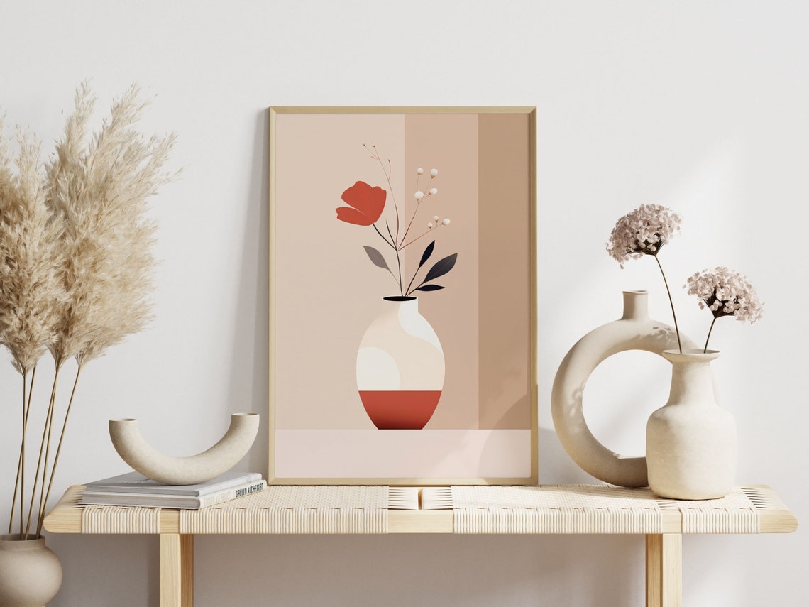 Modern Minimalist Red Flower in Vase Scandinavian Boho Art Poster
