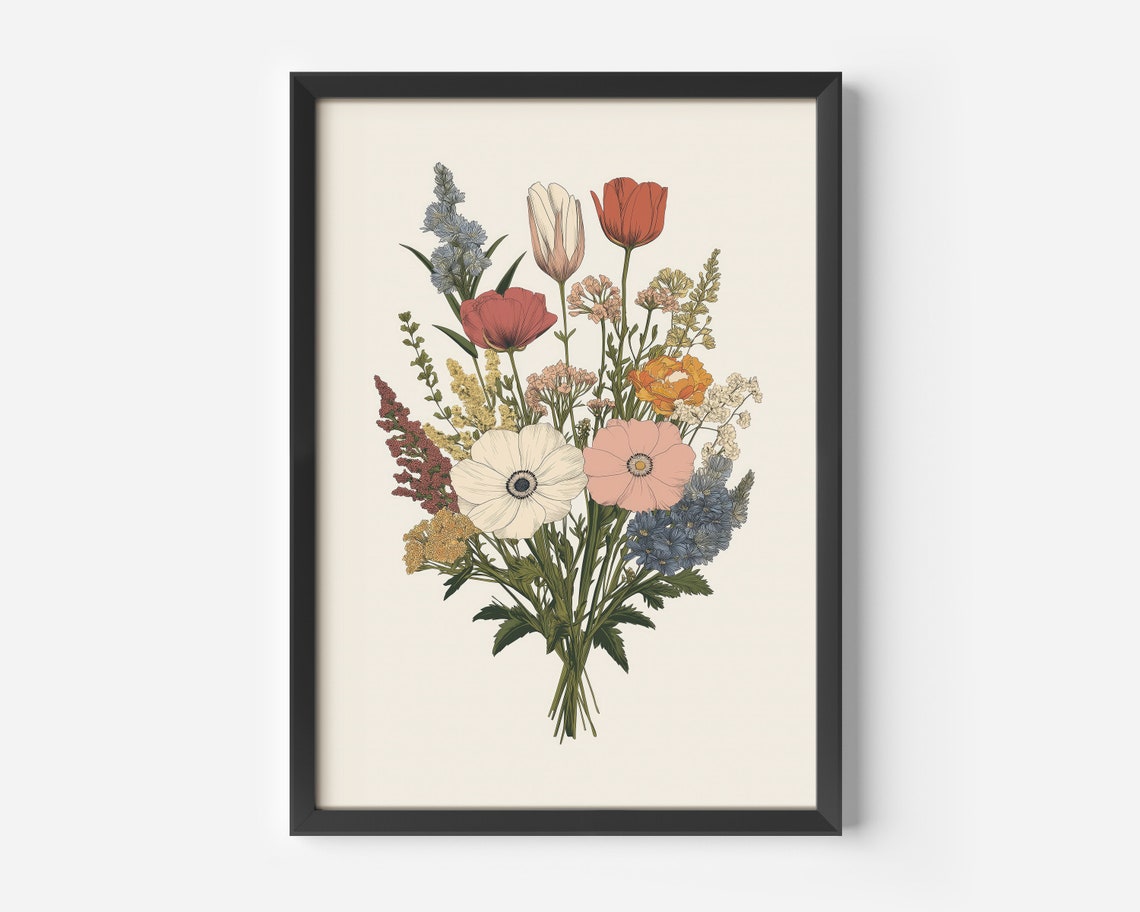 Vintage Botanical Wildflower Bouquet Retro Floral Wall Decor Poster