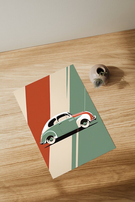 Living Room Decor Vintage Look Retro Car Poster Green Red Beige Illustration Stylish Art Prints Classic Office Wall Decoration