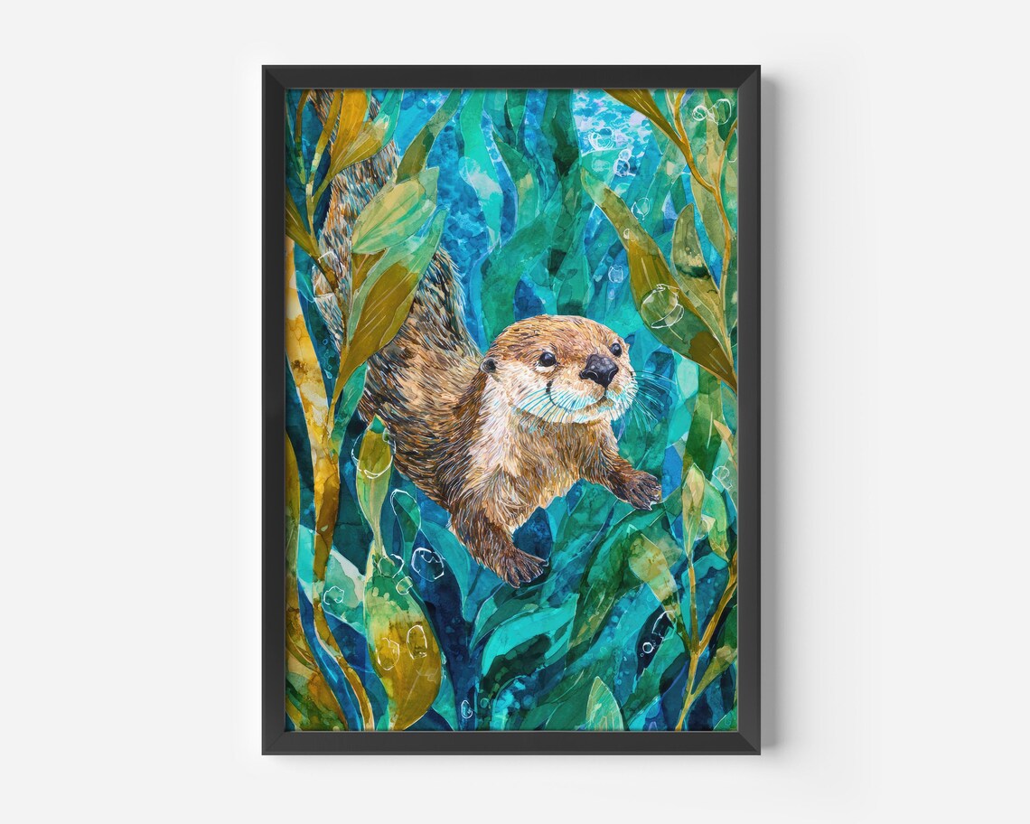 Otter Underwater Illustration, Nautical Watercolor Poster