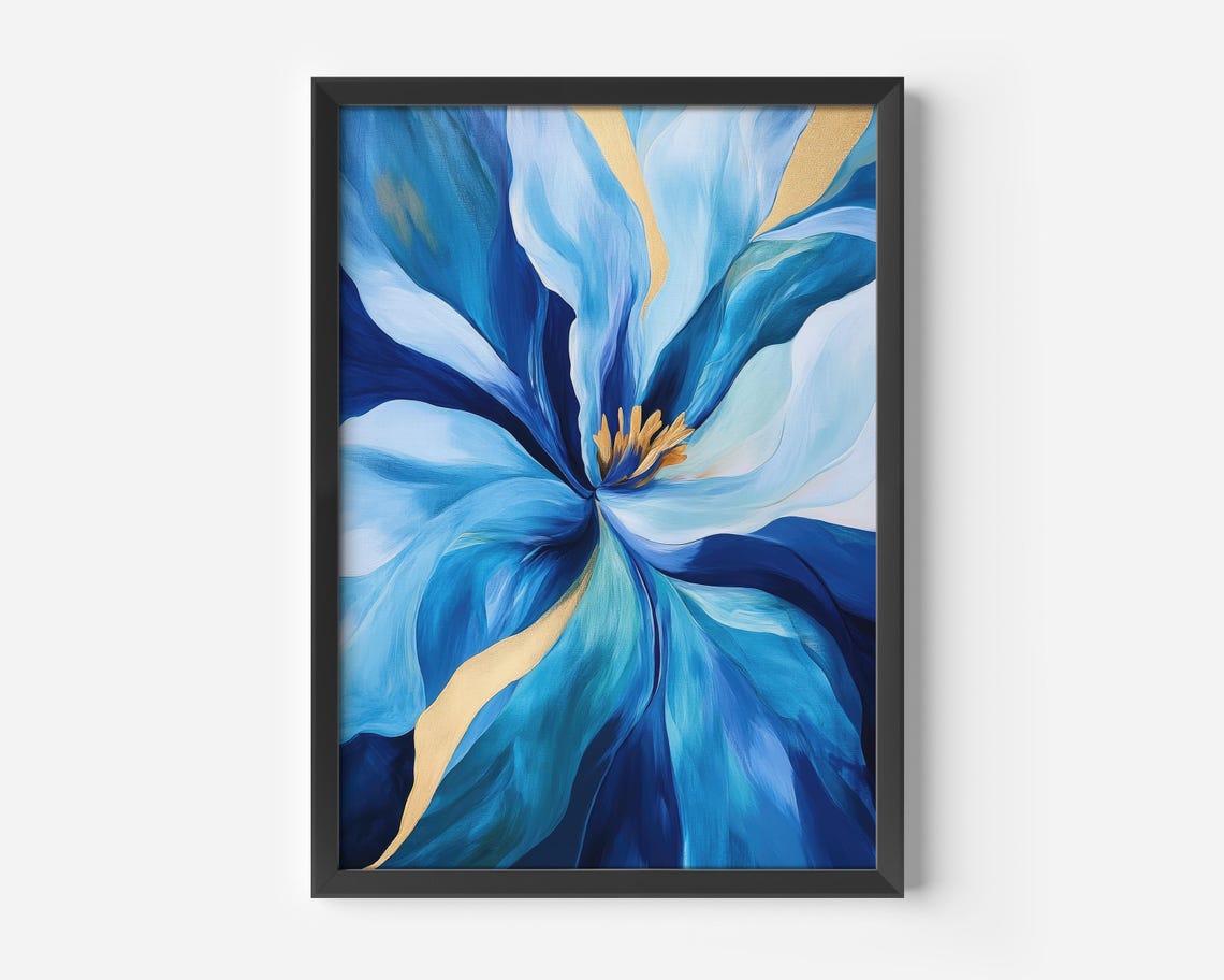 Dramatic Blue Abstract Flower Close-Up With Gold Accent Wall Art