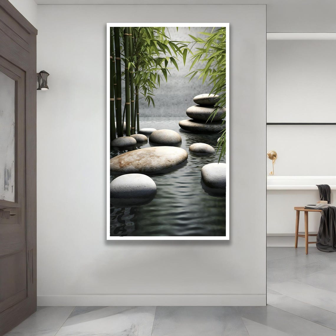Bamboo River Stones Wall Art Tranquil Water Nature Canvas Zen Landscape Print