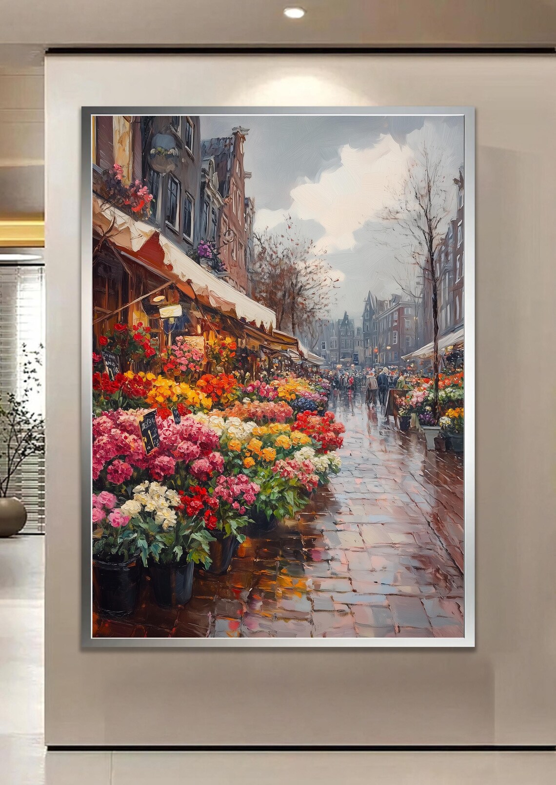 Rainy Flower Market Street Colorful Blooms Impressionist Poster