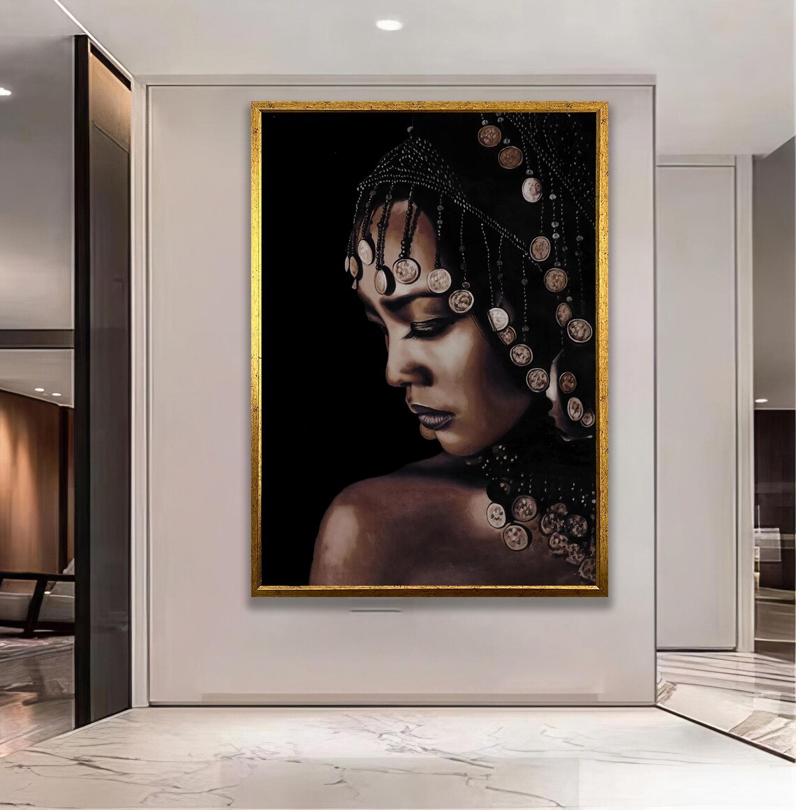 Elegant African Queen Profile With Coin Headdress Portrait Poster