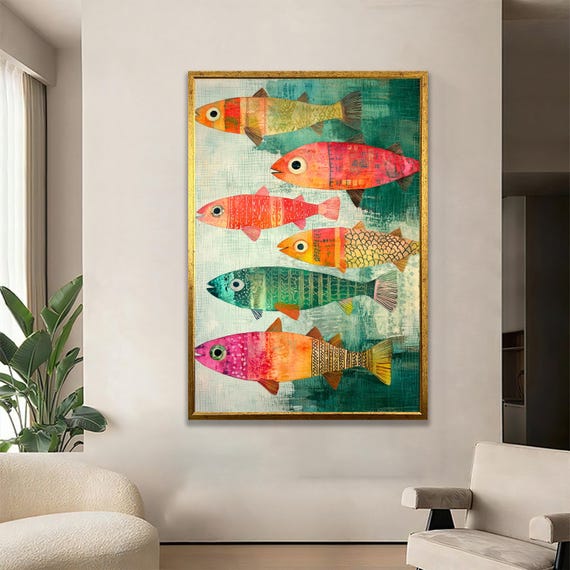 Six Colorful Fish Covering Canvas Vibrant Aquatic Wall Art