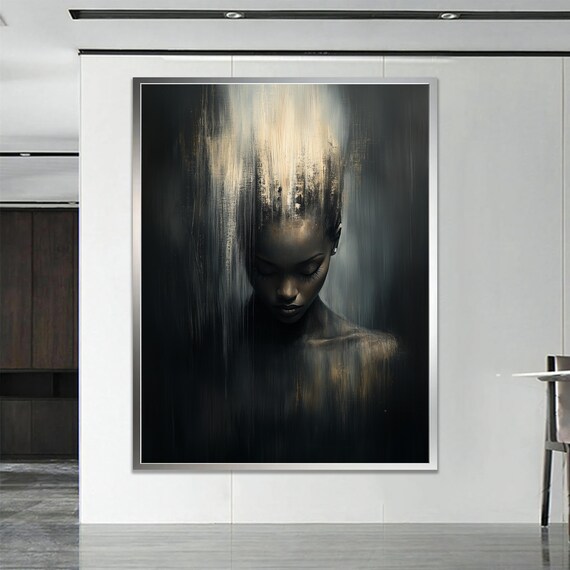 Moody Black Gold Woman Portrait Rain Streaks Dramatic Art Poster