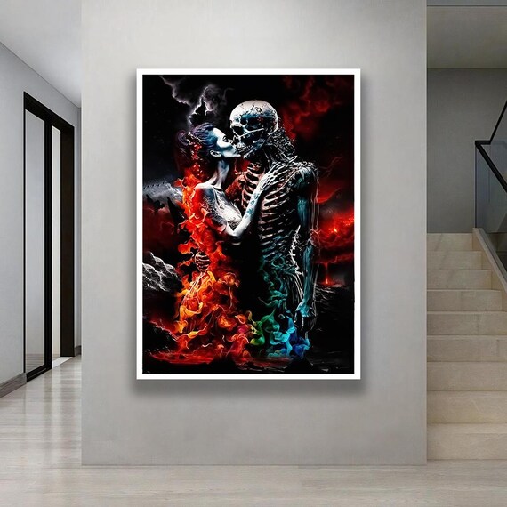 Passionate Red Woman And Blue Man Kissing Couple With Skeleton Surreal Fantasy Painting Modern Romantic Wall Art Print