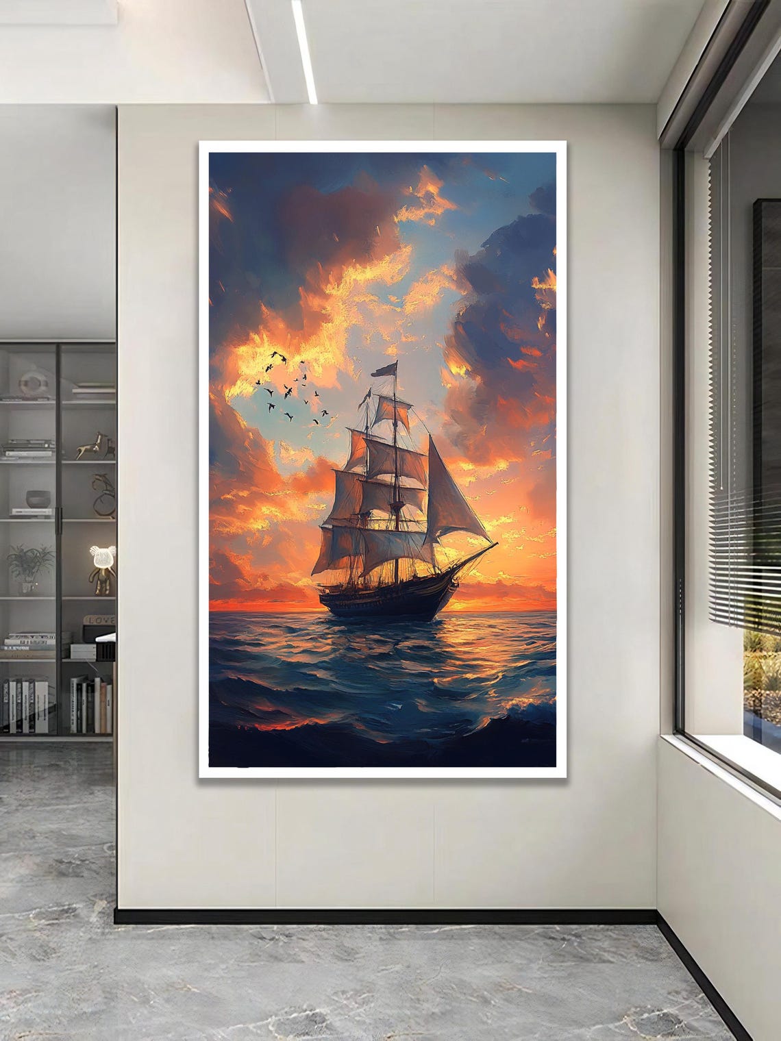 Tall Ship Sailing Sunset Dramatic Clouds Ocean Voyage Art Poster