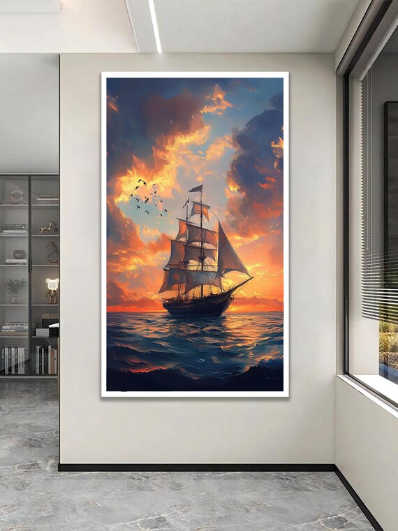 Tall Ship Sailing Sunset Dramatic Clouds Ocean Voyage Art Poster