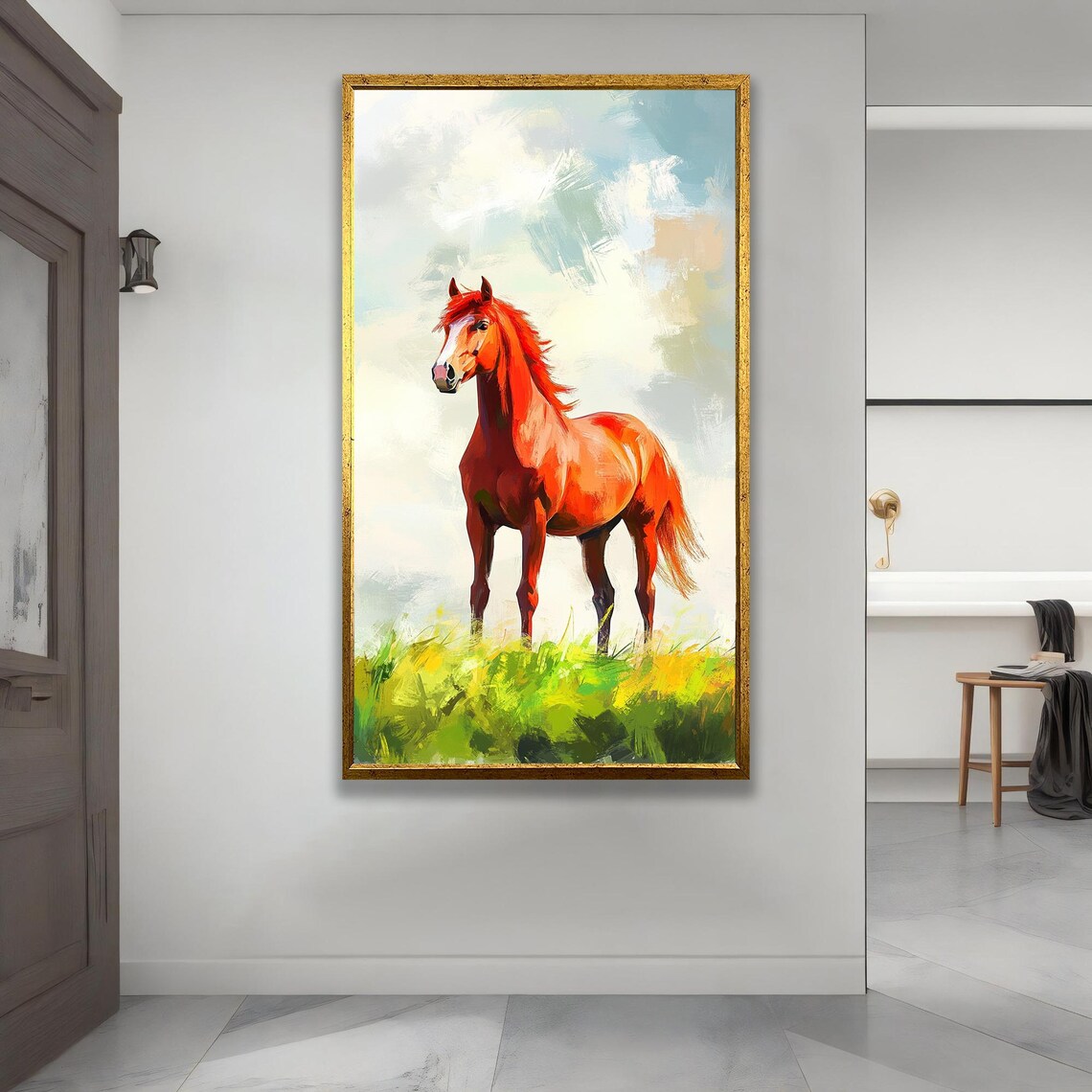 Chestnut Horse Standing In Green Meadow Impressionist Animal Print
