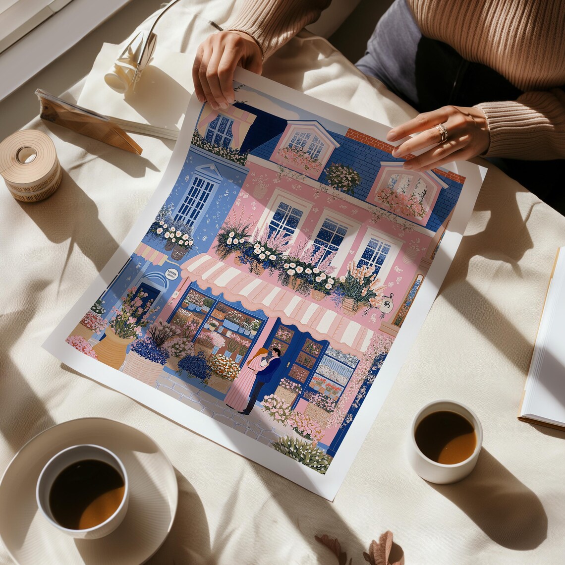 Pink Flower Shop Street Scene With A Couple At The Doorway Poster - Image 5