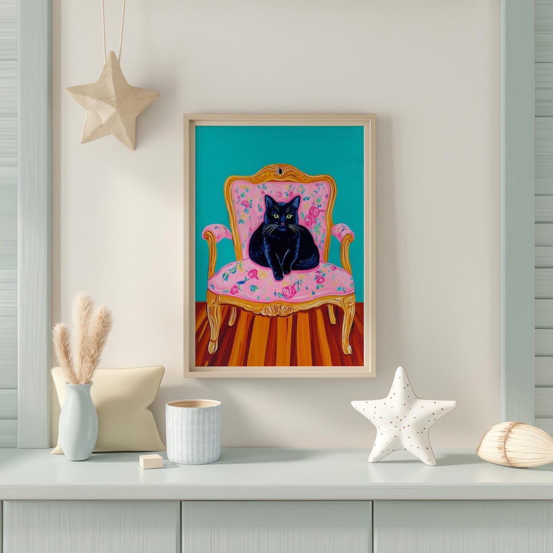 Regal Black Cat Seated on a Pink Floral Armchair Pop Art Poster - Image 2