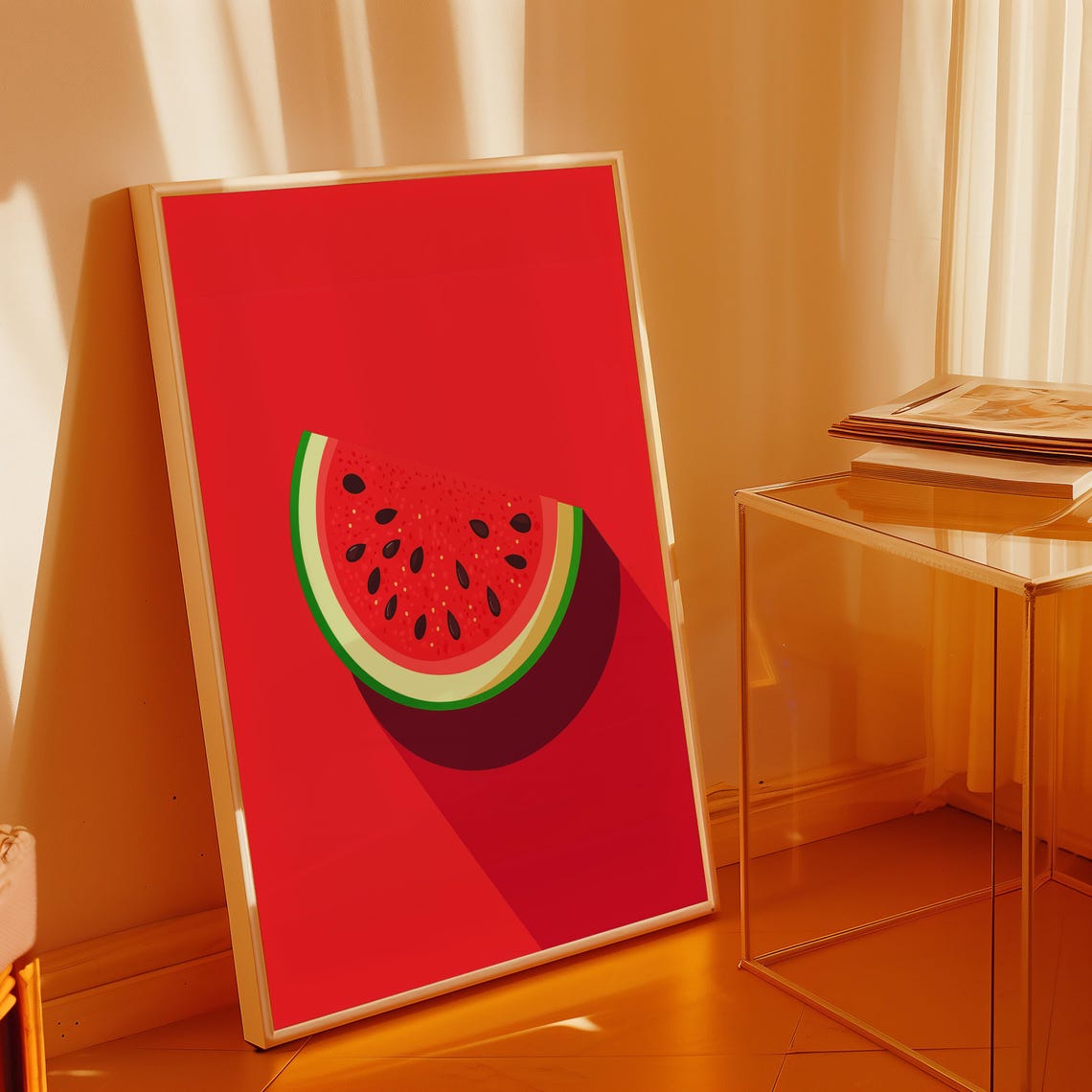 Watermelon Slice On A Red Background With Long Shadow Art Poster - Image 3