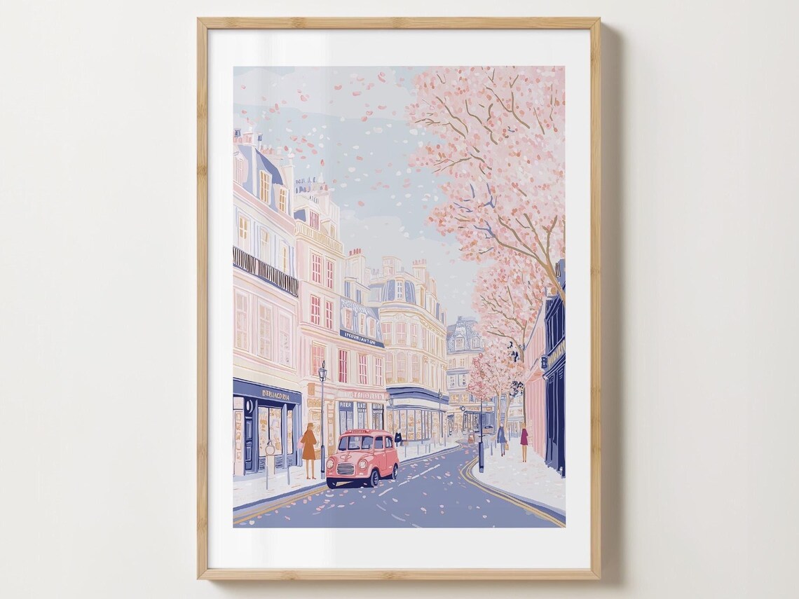London Pastel Pink Blossom Street Scene Vintage Pink Car Poster