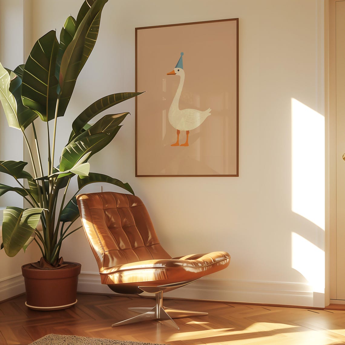 White Goose Wearing A Blue Party Hat On A Beige Background Poster - Image 2