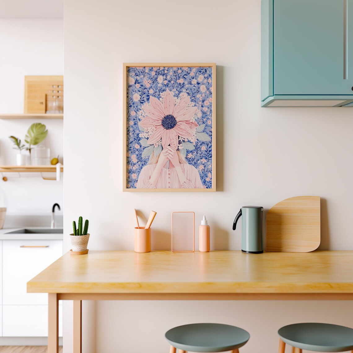 Woman Holding a Giant Pink Bloom Over Her Face Floral Art Poster - Image 3