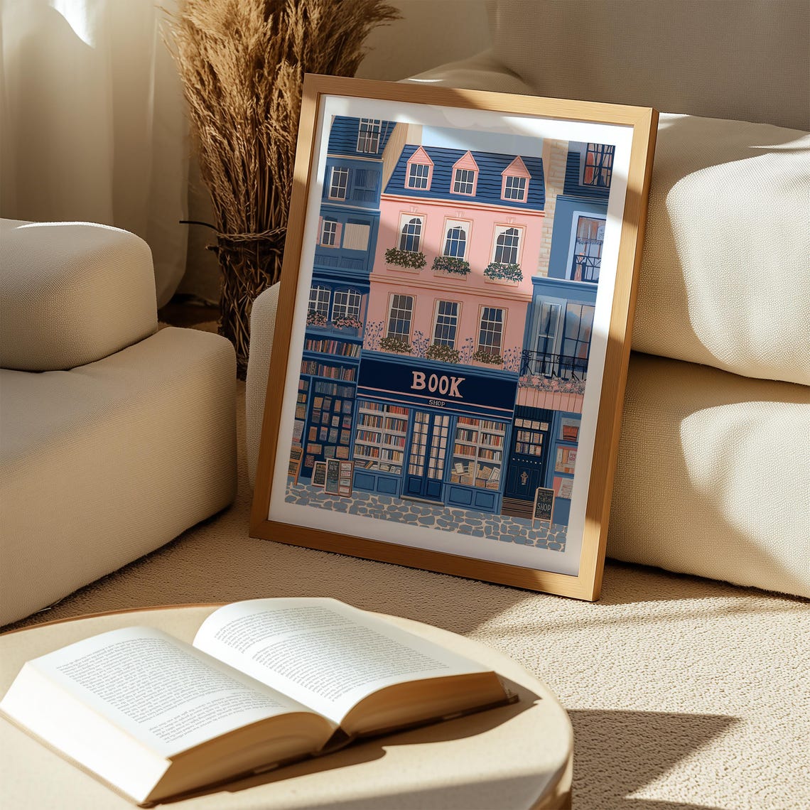 Blue Book Shop Facade With Full Shelves And Pink Building Poster - Image 4